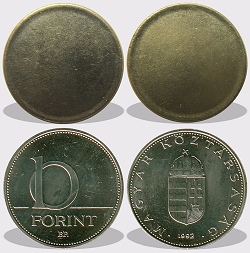 10 forint peremezett nyers lapka 1992 utáni időszakból.