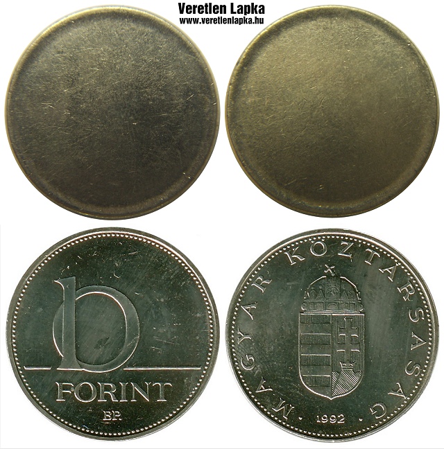 10 forint peremezett nyers lapka 1992 utáni időszakból.