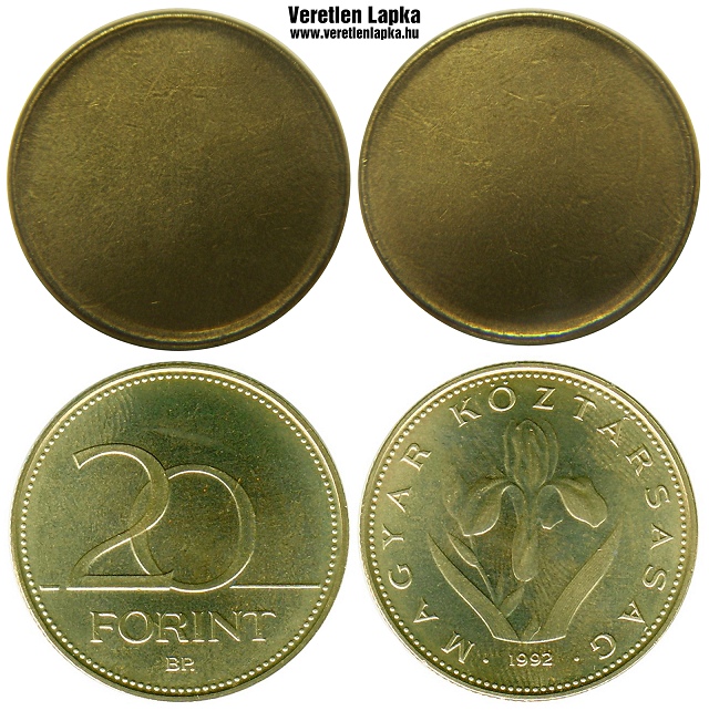 20 forint peremezett nyers lapka 1992 utáni időszakból.