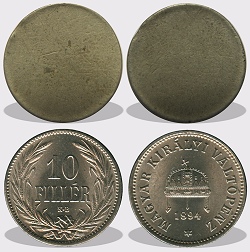 10 fillér nyers lapka 1892 és az 1916 közötti időszakból.