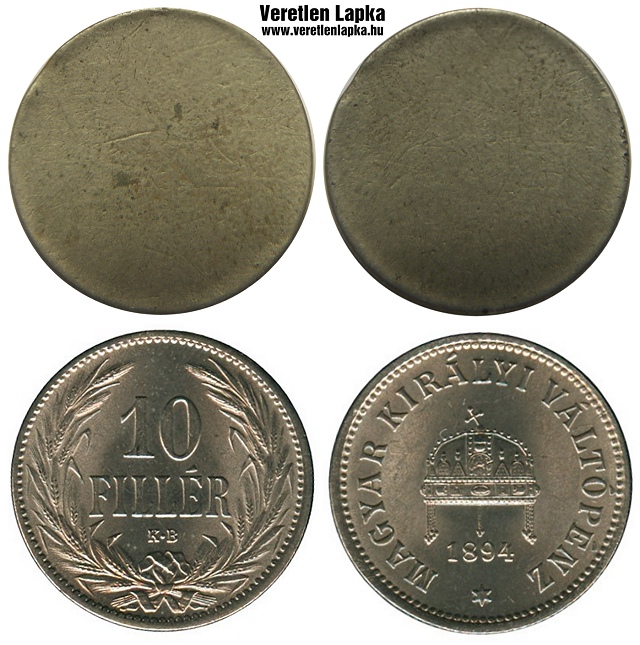 10 fillér peremezett nyers lapka 1892 és az 1916 közötti időszakból.