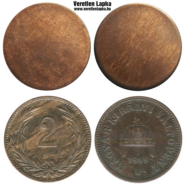 2 fillér peremezett nyers lapka 1892 és az 1915 közötti időszakból.